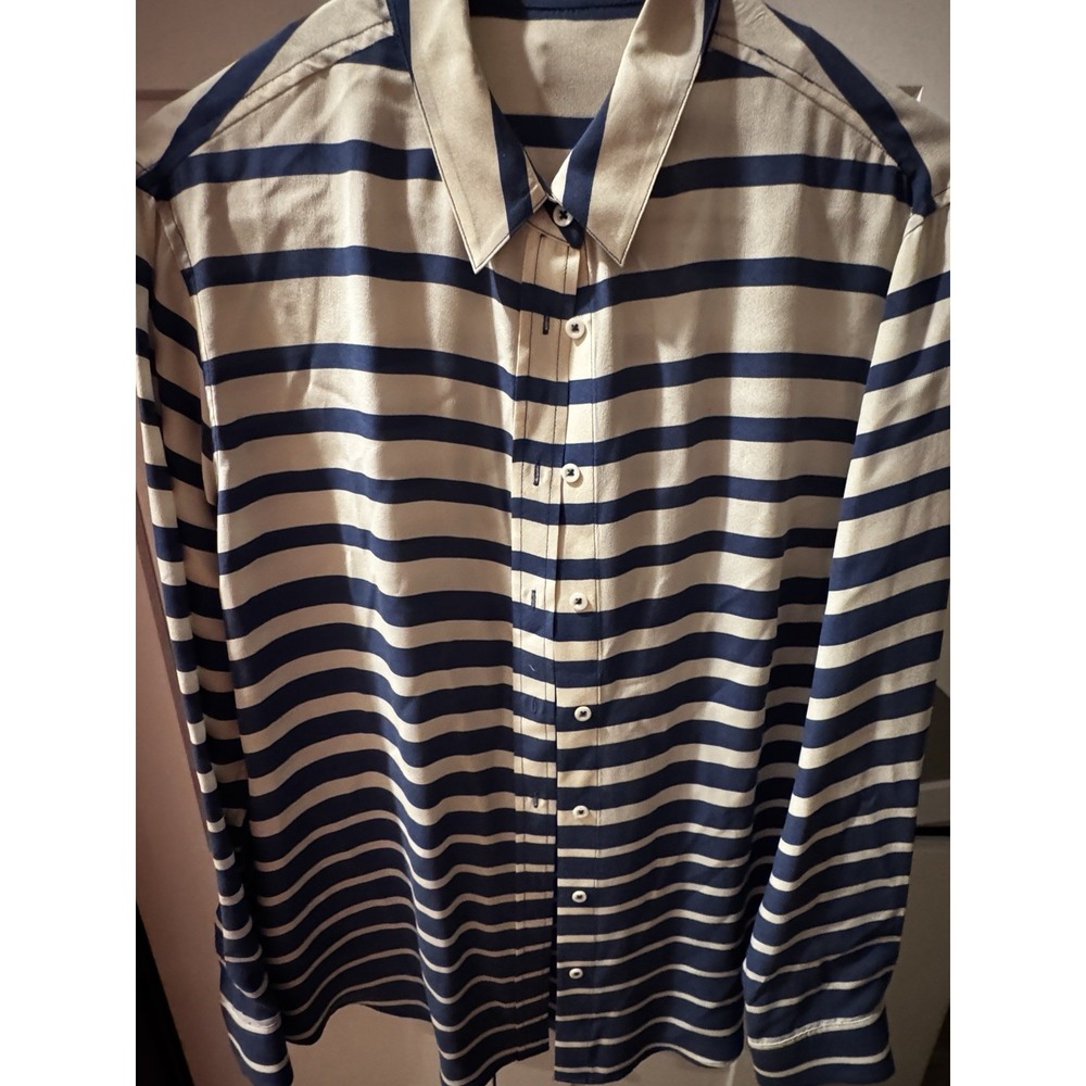 j mclaughlin womens silk tan blue striped button down blouse size medium